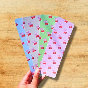 Cute Cherry Illustration Bookmarks - Pack of 4 | Bordered and borderless fruit bookmarks for reading books