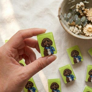 May include: A rectangular tile with a lime green background featuring a painted illustration of a brown curly-haired dog wearing a blue scarf. The tile is held between fingers, with several identical tiles scattered nearby on a white surface.