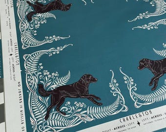 May include: A square teal game mat featuring a white botanical border with ferns and flowers, accented by four black dog illustrations. The mat includes printed text such as Charleston, Dragons, Red Dragons, Green Dragons, White Dragons, Bams, and Craks.