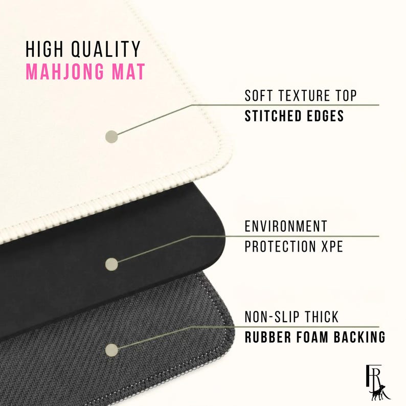 May include: A close-up of a high-quality Mahjong mat with a soft texture top and stitched edges. The mat has an environment protection XPE layer and a non-slip thick rubber foam backing. The text "HIGH QUALITY MAHJONG MAT" is visible.