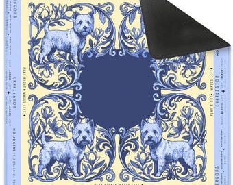 Westie Mahjong Mat • Blue & Pale Yellow Art Nouveau Design • Lemon‑Inspired Italian Style • Etched West Highland Terrier Mat