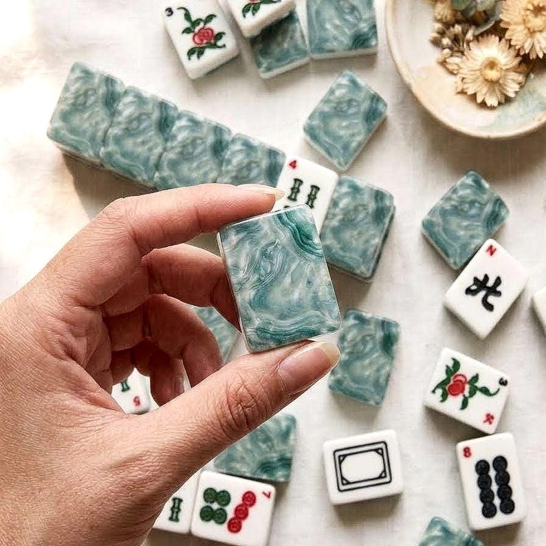 Fichas de mahjong tradicionales americanas con estampado de nácar menta en acrílico. imagen 1