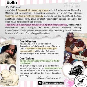 Puede incluir: Un folleto informativo blanco con bordes de rayas rosas que presenta texto sobre Furever Russell Pets Art. Incluye una presentaci&oacute;n personal de Tatiana, declaraciones de misi&oacute;n y valores, y fotograf&iacute;as de personas con sus perros Mickey y Russell.
