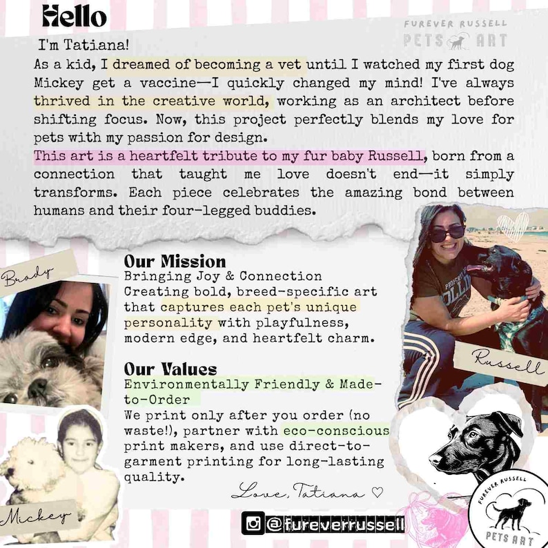 Puede incluir: Un folleto informativo blanco con bordes de rayas rosas que presenta texto sobre Furever Russell Pets Art. Incluye una presentaci&oacute;n personal de Tatiana, declaraciones de misi&oacute;n y valores, y fotograf&iacute;as de personas con sus perros Mickey y Russell.