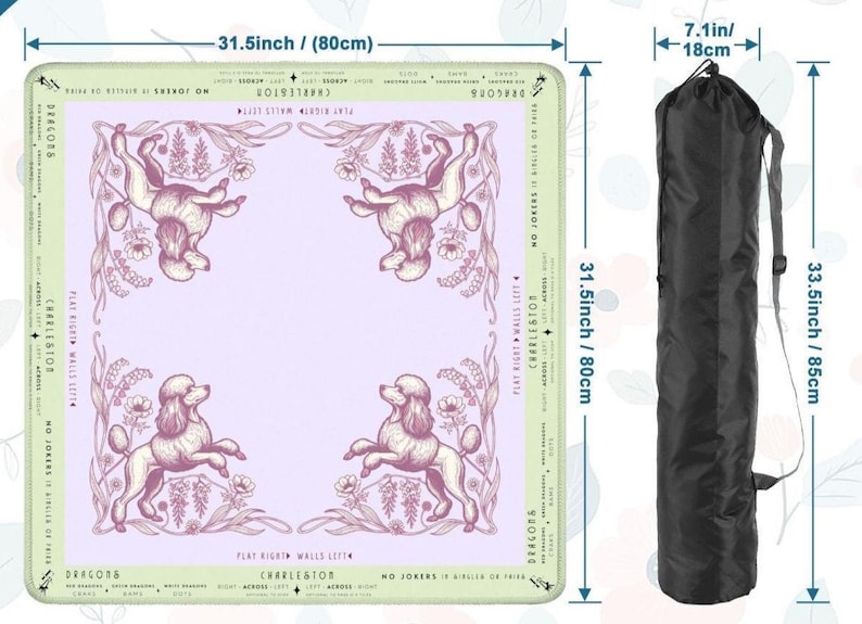 May include: A lavender and green game mat, 31.5 inches (80cm) square, featuring poodle illustrations and text. Includes a black carrying bag, 33.5 inches (85cm) long. The mat has text that reads "Dragons", "Charleston", and "No Jokers".