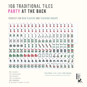 Puede incluir: Un juego de 166 fichas de Mahjong blancas con caracteres, palos, dragones, vientos, flores y comodines grabados en rojo, verde y negro. El texto dice 166 TRADITIONAL TILES PARTY AT THE BACK. Tama&ntilde;o de la ficha: 3,56 x 2,54 x 1,52 cm.
