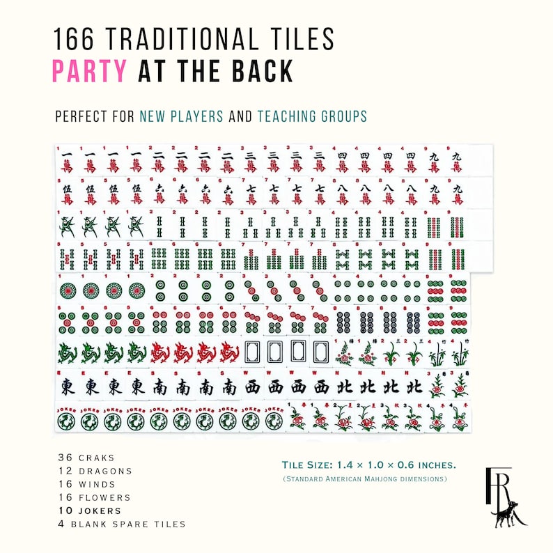 Puede incluir: Un juego de 166 fichas de Mahjong blancas con caracteres, palos, dragones, vientos, flores y comodines grabados en rojo, verde y negro. El texto dice 166 TRADITIONAL TILES PARTY AT THE BACK. Tama&ntilde;o de la ficha: 3,56 x 2,54 x 1,52 cm.