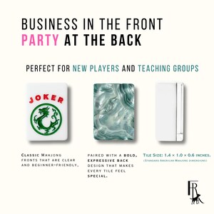 Puede incluir: Tres fichas de Mahjong rectangulares. Una ficha blanca presenta un drag&oacute;n verde y el texto rojo JOKER. Una ficha muestra un patr&oacute;n de m&aacute;rmol verde y blanco. Una ficha blanca lisa se muestra de lado. El tama&ntilde;o es de 3,56 x 2,54 x 1,52 cm.