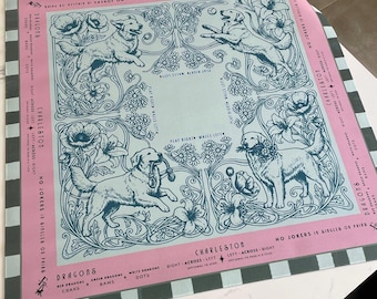 Golden Retriever Mahjong Mat • Blue Art Nouveau Floral Design • Pink Border • Green Checkered Edge • Boutique Dog Mahjong Mat