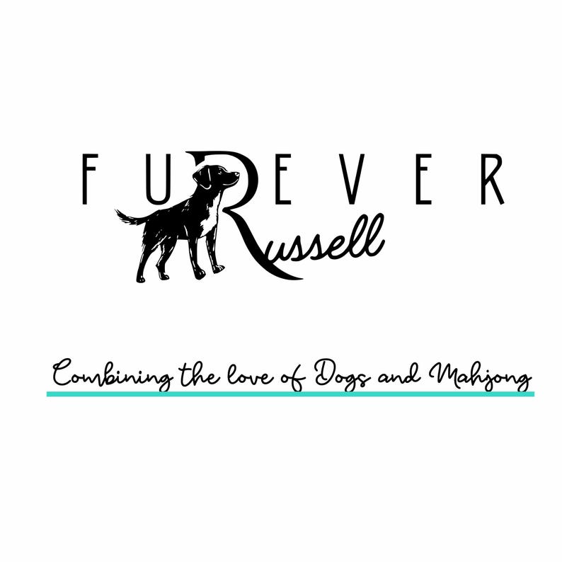 May include: Black and white logo with the text "FURever Russell" and a silhouette of a dog. Below, the text reads "Combining the love of Dogs and Mahjong" with a teal underline.