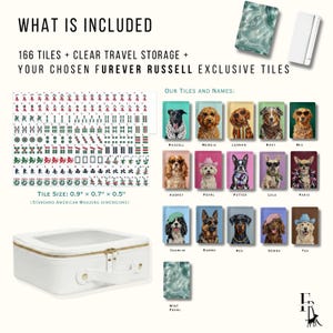 Puede incluir: Un juego de mahjong que incluye 166 fichas, un estuche de viaje blanco con tapa transparente y fichas personalizadas con perros. Las fichas miden 2,3 cm por 1,8 cm por 1,3 cm. El conjunto presenta varios retratos de perros con nombres.