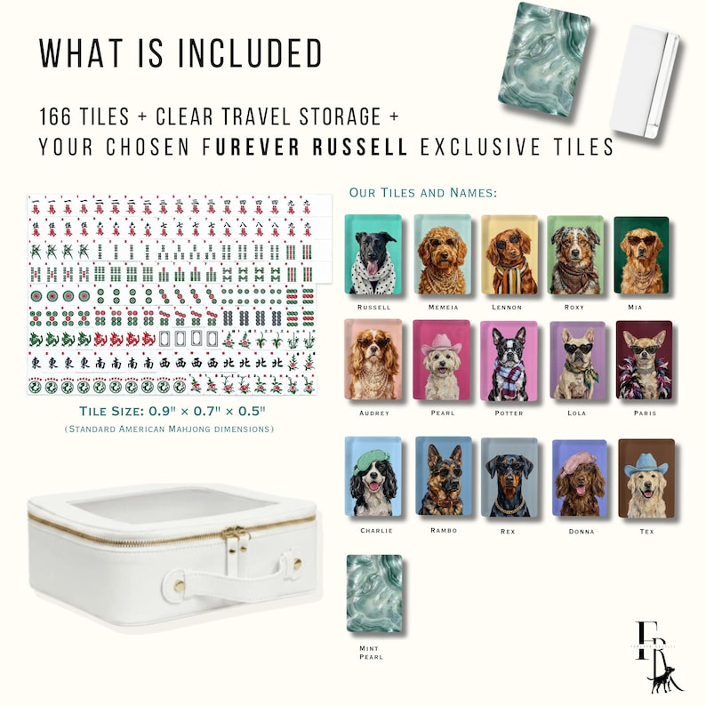 Puede incluir: Un juego de mahjong que incluye 166 fichas, un estuche de viaje blanco con tapa transparente y fichas personalizadas con perros. Las fichas miden 2,3 cm por 1,8 cm por 1,3 cm. El conjunto presenta varios retratos de perros con nombres.