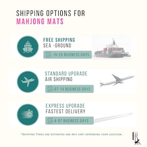 May include: Image detailing shipping options for Mahjong mats. Includes icons of a ship, airplane, and stopwatch, each with text indicating shipping methods and estimated delivery times. The text reads "Shipping Options for Mahjong Mats."
