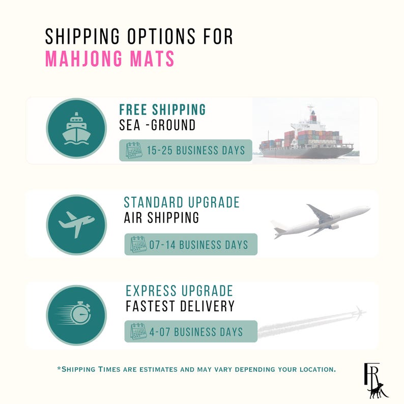 May include: Image detailing shipping options for Mahjong mats. Includes icons of a ship, airplane, and stopwatch, each with text indicating shipping methods and estimated delivery times. The text reads "Shipping Options for Mahjong Mats."