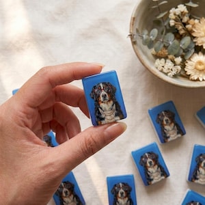 May include: A rectangular blue tile featuring a printed illustration of a Bernese Mountain Dog wearing red-rimmed glasses and a multi-strand gold-toned necklace. The dog has black, brown, and white fur and is centered on the smooth, glossy surface.