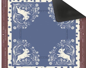 French Bulldog Mahjong Mat • Blue & Brown Art Nouveau Design • Polka Dot Botanical Style • Moody Fun Frenchie Mahjong Mat