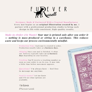 May include: Image features the text "Furever Russell" with a dog silhouette logo. Text details the design process, made-to-order production, and shipping information. A book with floral illustrations is visible in the corner.