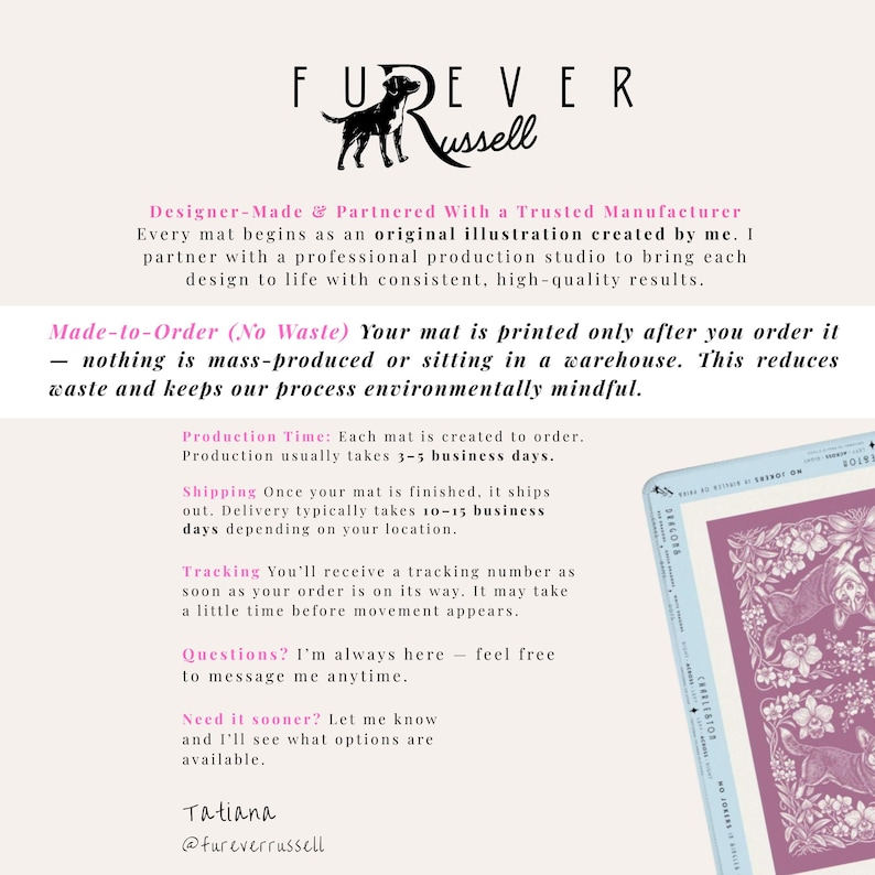 May include: Image features the text "Furever Russell" with a dog silhouette logo. Text details the design process, made-to-order production, and shipping information. A book with floral illustrations is visible in the corner.