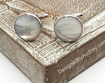 White Pearl Cufflinks -  White Mother of Pearl Cufflinks,  White Cufflinks 15mm and 16mm Round