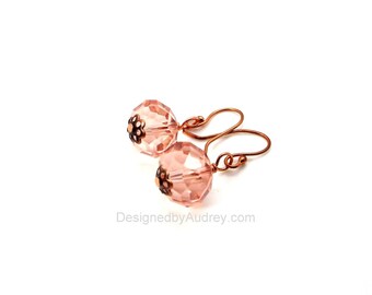 Peach Earrings - Peach Swarowski Crystal and Copper Drops - Little Peach Crystal Earrings
