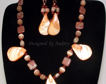 Orange Necklace Set - Peach Shell Pearl and Autumn Jasper Necklace and Earrings