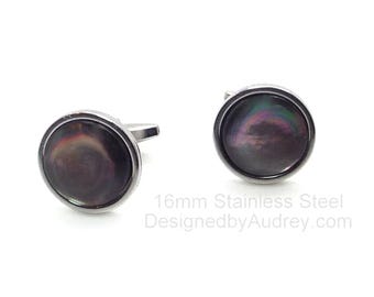 Black Mother of Pearl Cufflinks – Round Black Pearl Cufflinks – Black Cufflinks - Black Tahiti Pearl Cufflinks