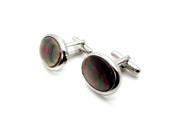 Sterling Silver Black Mother of Pearl and Crystal Banded Cufflinks