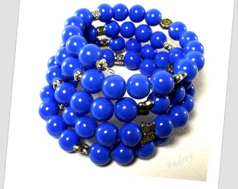 Blue Bracelet - Blue Memory Wire Bracelet - Blue and Silver Butterfly and Flower Memory Wire Bracelet