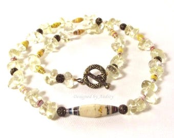 Yellow Necklace Set - Yellow Quartz Nugget Necklace With Matching Earrings Featuring Paper Beads