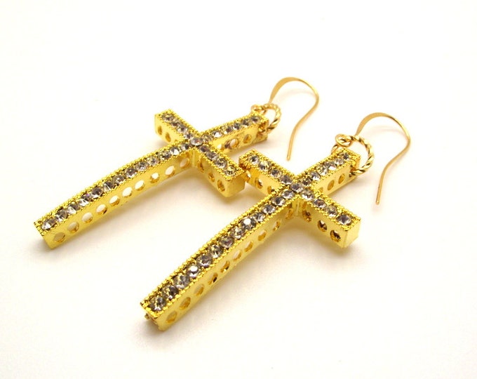 Gold Crystal Cross Earrings Gold Cross Earrings Etsy