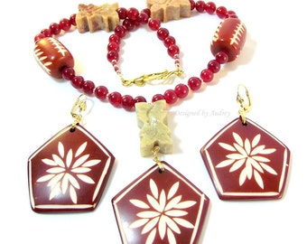 Red Necklace Set - Burgundy Necklace and Earring Set - Indian Rose Wood and Jade Chrysanthemum Beaded Necklace and Earrings