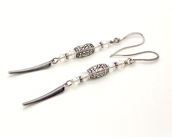 Silver Earrings - Clear Crystal Antique Silver Spiky Drop Earrings – Silver Spiky Earrings – Antique Silver and Crystal Earrings