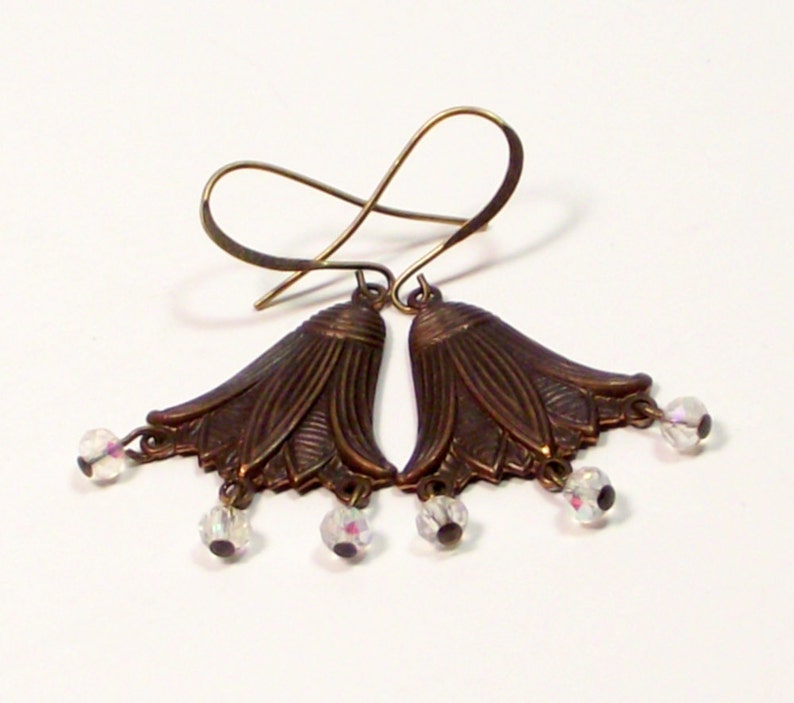 Bronze Earrings Lotus Bloom Antique Bronze and Crystal Etsy