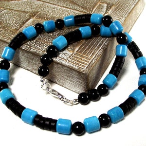 Men&#39;s Black and Blue Necklace - Mens Turquoise and Black Beaded Necklace