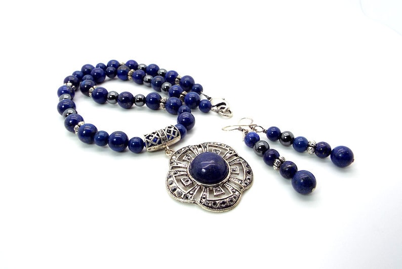 Blue Necklace Set The Blue Egyptian Night Flower Necklace and Earring Set Lapis Lazuli Necklace and Earrings image 5