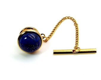 Blue Tie Tack with Chain - True Blue Tie Tac II– Lapis Lazuli Tie Tac II – Dark Blue Tie Tac – Gold Tie Tac