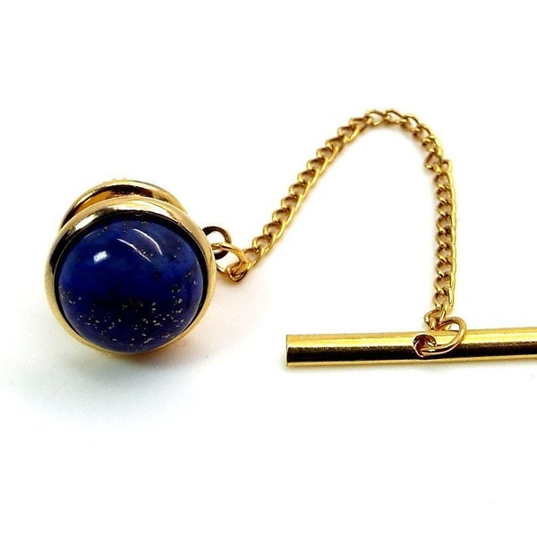 Blue Tie Tack with Chain - True Blue Tie Tac II– Lapis Lazuli Tie Tac II – Dark Blue Tie Tac – Gold Tie Tac