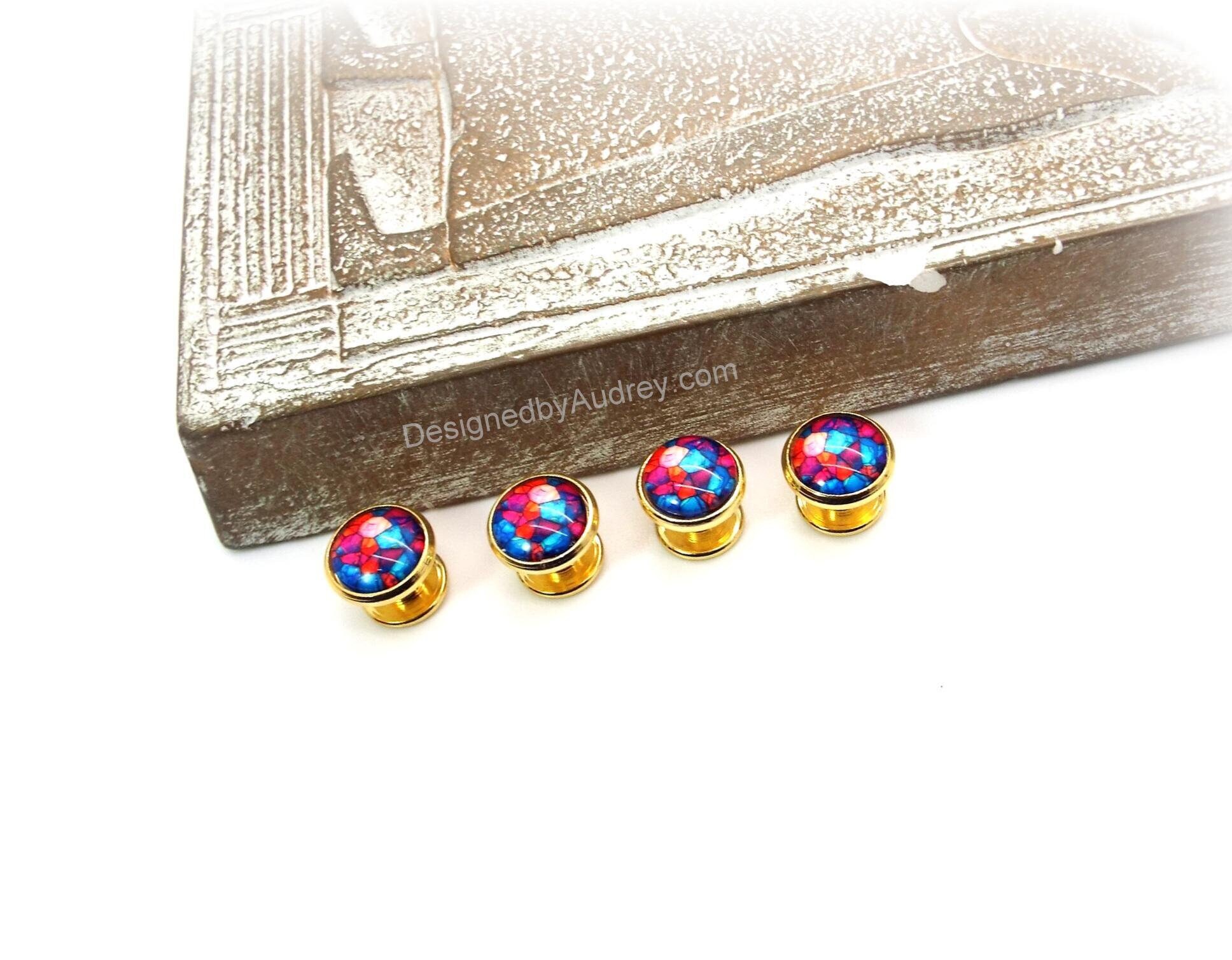 Colorful Tuxedo Shirt Studs - Stained-Glass Tuxedo Shirt Studs - Multicolor Mosaic-Stained Glass Tuxedo Shirt Studs