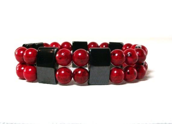 Men's Hematite Bracelet - Twice as Nice Men's Hematite and Red Fossil Bead Bracelet - Men's Gray and Red Bracelet