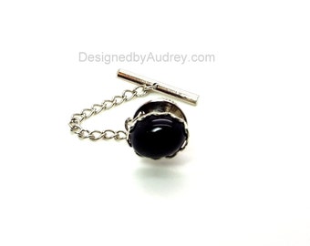 Black Tie Tac - Onyx Tie Tac - Black Onyx Tie Tac - Black Oval Tie Tac with Chain