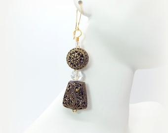 Crystal and Bronze Earrings – Bronze Filigree and Clear Crystal Earrings