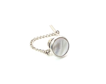 White Pearl Tie Tac - White Mother of Pearl Tie Tac with Chain - White Tie Tack