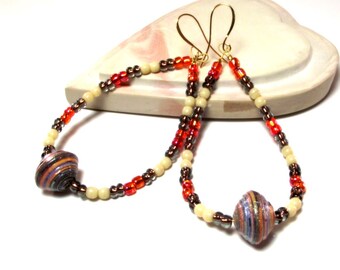 Orange Earrings - Autumn Joy - Orange, Brown and Cream Beaded Hoop Earrings - Orange Beaded Hoops