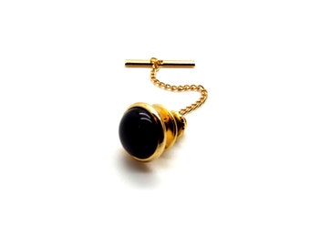 Black Tie Tac - Onyx Tie Tac - Black Onyx Tie Tac with Chain Accented in Gold