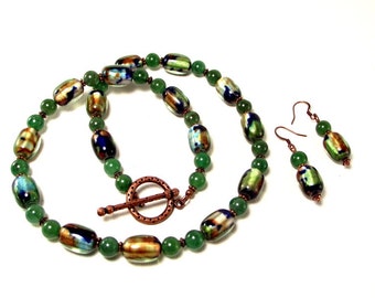 Conjunto de collares y aretes - Lámpara azul verde y cobre y collar de aventurina con pendientes a juego