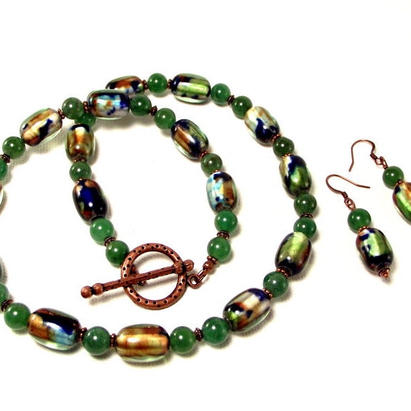 Necklace and Earring Set -  Green Blue and Copper Lampwork and Aventurine Necklace with Matching Earrings