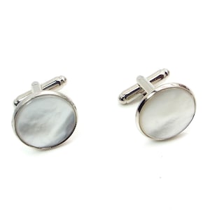 White Pearl Cufflinks White Mother of Pearl Cufflinks, White Cufflinks 16mm and 18mm Round 16mm Platinum Silver