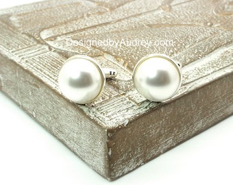 Pearl Cufflinks - Winter Frost White Pearl Cufflinks II – 16mm Round White Pearl Cufflinks – White Cufflinks