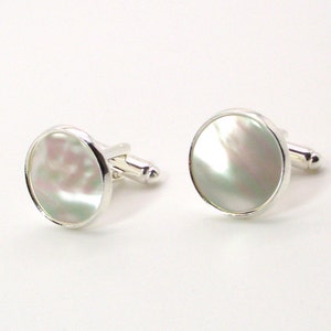 White Pearl Cufflinks White Mother of Pearl Cufflinks, White Cufflinks 16mm and 18mm Round image 2
