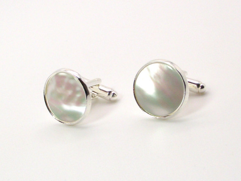 White Pearl Cufflinks White Mother of Pearl Cufflinks, White Cufflinks 16mm and 18mm Round image 2